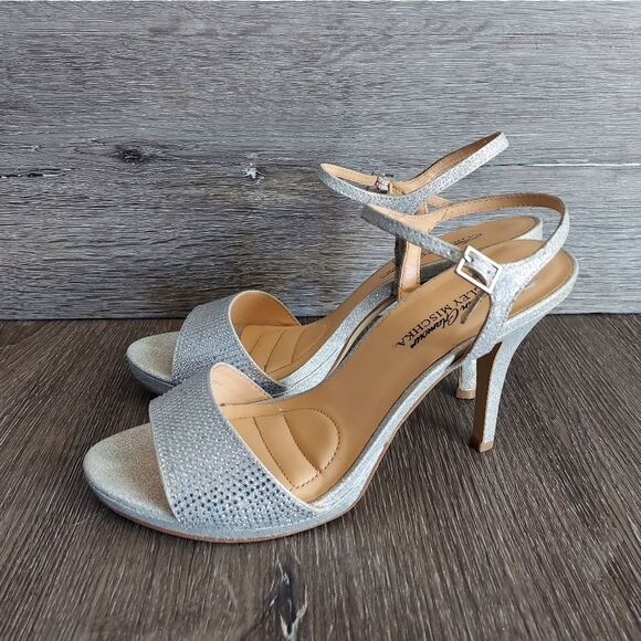 Badgley Mischka Silver Heels with Open Toe and Slim Ankle Strap - Picture 4 of 8